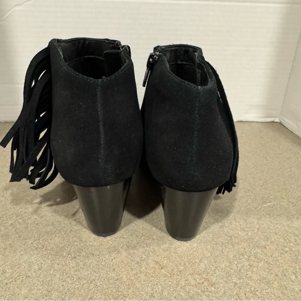 Vionic Faros Black Suede Fringe Western Studded Tassel Ankle Booties